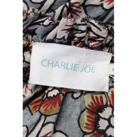 Charlie Joe Womens Tie Neck Floral Short Sleeve Top Blouse Gray Brown Size Small - Picture 4 of 4